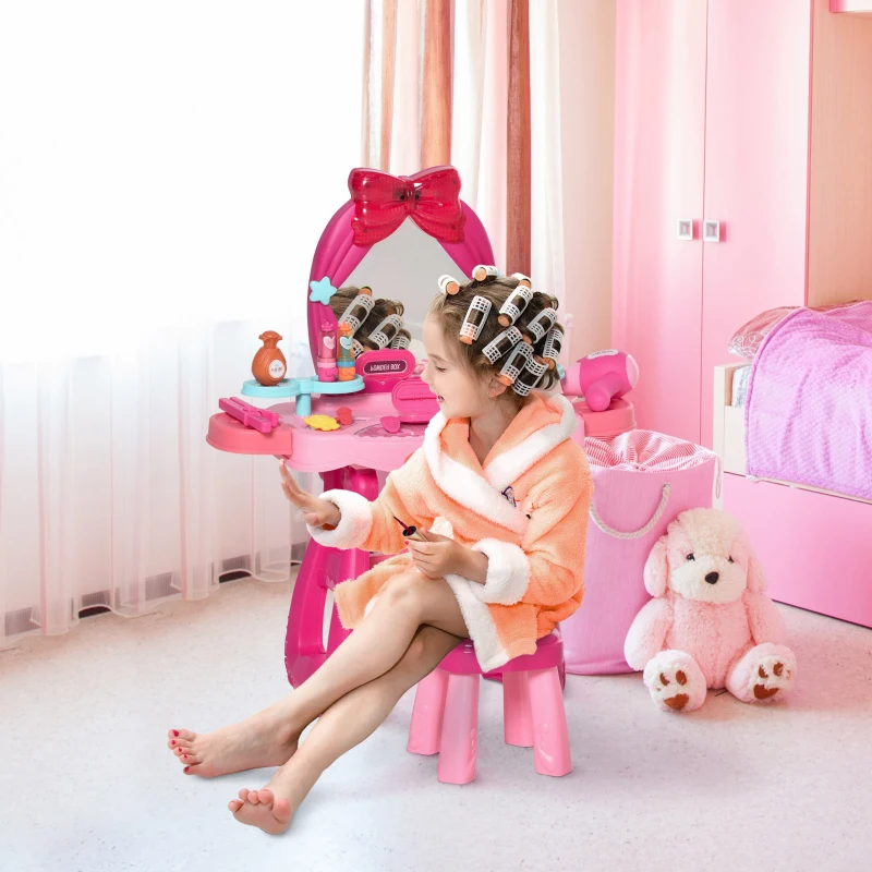 Qaba Pink Kids Vanity Makeup Table Set with Chair, 36-Piece Set Princess Vanity Table and Comfortable Safe Stool, Imaginative Toy, with Mirror Lights, Music, Bright Red, Pink