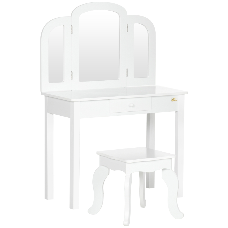 Qaba Kids Vanity Table & Chair Set, Girls Dressing Set, Make Up Desk with Tri-folding Mirrors, Drawer, White