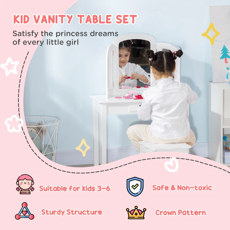 Qaba Kids Vanity Table & Chair Set, Girls Dressing Set, Make Up Desk with Tri-folding Mirrors, Drawer, White