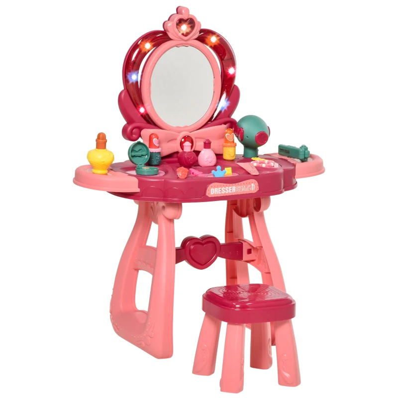 Qaba Kids Vanity Makeup Table Set with Chair, 36-Piece Princess Vanity Table and Comfortable Safe Stool, Imaginative Toy, Beauty Kits, Lights for 3 Years Old Red, Pink