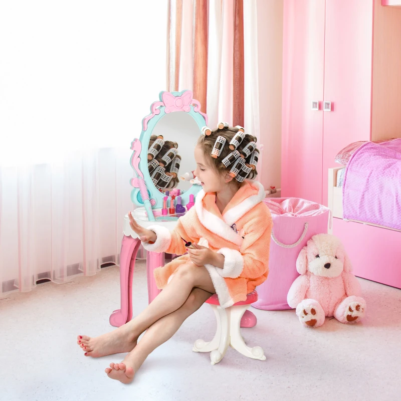 Qaba Kids Vanity Makeup Table Set with Chair and 20-Piece Collection, Princess Vanity Table and Stool with Mirror Lights, Imaginative Toy for 3-4 Years Old