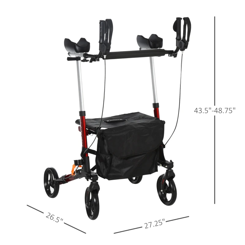 HOMCOM Folding Upright Rollator Walker Lightweight, Height Adjustment with Armrest, 1 Hand Folding Design with Removable Storage Bag, Crutch Holder Stand Up Walking Aid