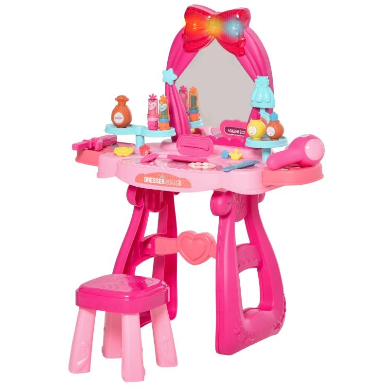 Qaba Pink Kids Vanity Makeup Table Set with Chair, 36-Piece Set Princess Vanity Table and Comfortable Safe Stool, Imaginative Toy, with Mirror Lights, Music, Bright Red, Pink