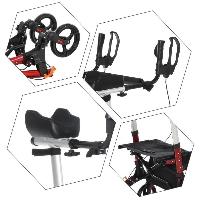 HOMCOM Folding Upright Rollator Walker Lightweight, Height Adjustment with Armrest, 1 Hand Folding Design with Removable Storage Bag, Crutch Holder Stand Up Walking Aid