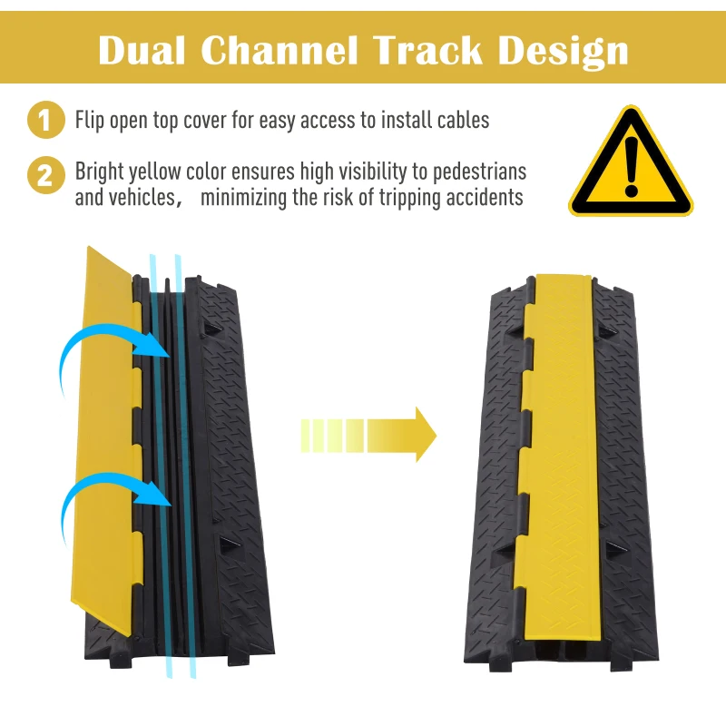 HOMCOM Durable Cable Protective Ramp Cover Rubber Floor Cord Protector Dual Channel with Flip-open Top Heavy Duty for Outdoor & Indoor Use Supports 44000lbs 3.3ft
