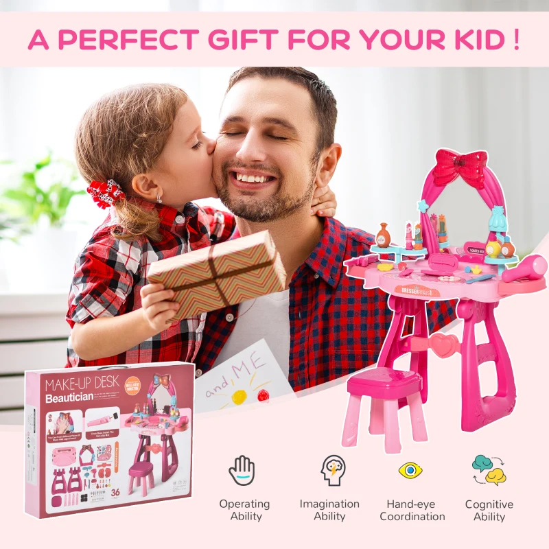 Qaba Pink Kids Vanity Makeup Table Set with Chair, 36-Piece Set Princess Vanity Table and Comfortable Safe Stool, Imaginative Toy, with Mirror Lights, Music, Bright Red, Pink