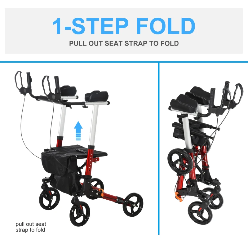 HOMCOM Folding Upright Rollator Walker Lightweight, Height Adjustment with Armrest, 1 Hand Folding Design with Removable Storage Bag, Crutch Holder Stand Up Walking Aid