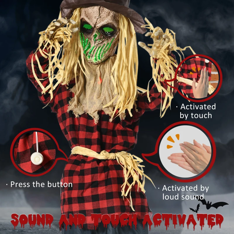 Outsunny 71" Life Size Halloween Skeleton Scarecrow, Animated Prop with Sound and Motion Activated, Light Up Eyes, Howling and Chain Sound