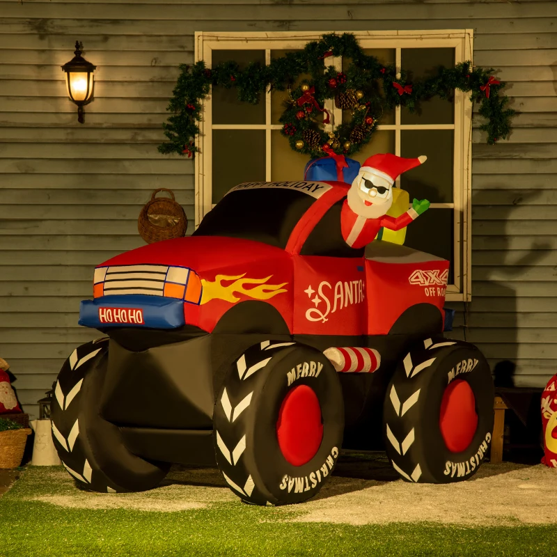 Outsunny 7ft Christmas Inflatable Santa Claus Driving Truck with Gifts, Blow-Up Outdoor LED Yard Display for Lawn Garden Party