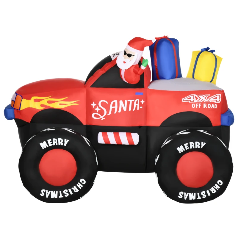 Outsunny 7ft Christmas Inflatable Santa Claus Driving Truck with Gifts, Blow-Up Outdoor LED Yard Display for Lawn Garden Party