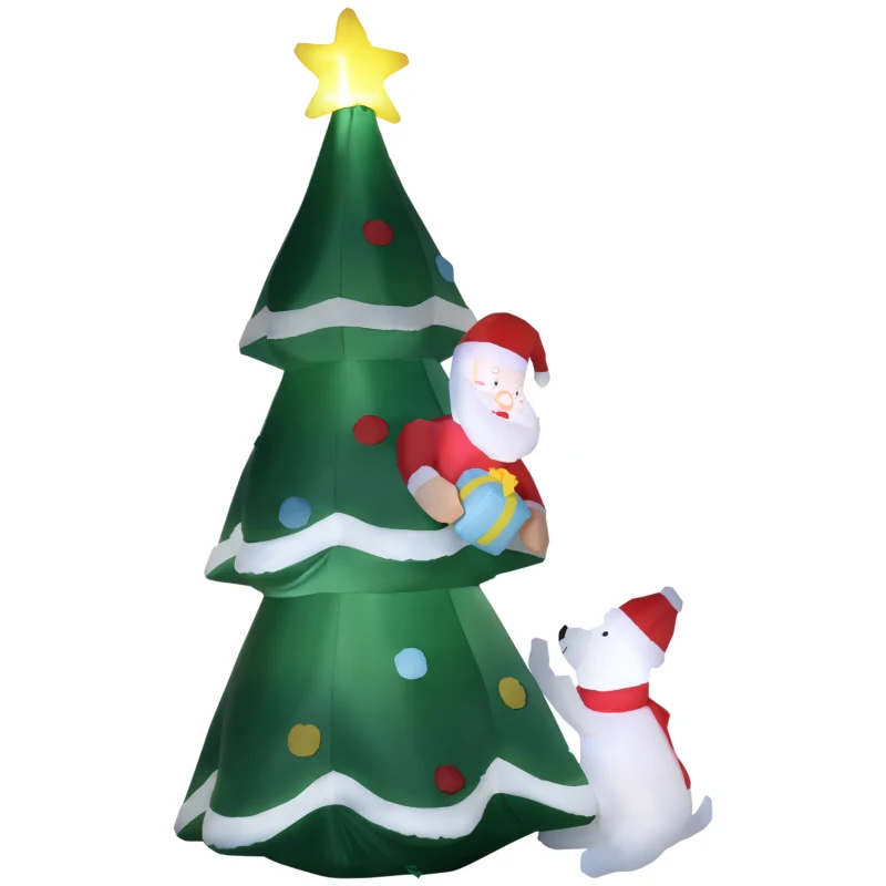 Outsunny 6ft Inflatable Christmas Tree Decorations with Santa Claus and A White Dog, Blow-Up Outdoor LED Yard Christmas Decor for Lawn Garden Party