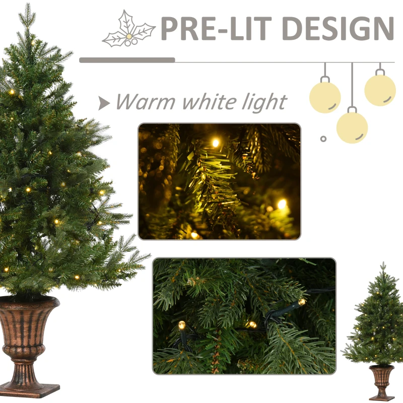 HOMCOM 4FT Artificial Tree Pre-Lit Holiday Home Christmas Decoration with Vase Base