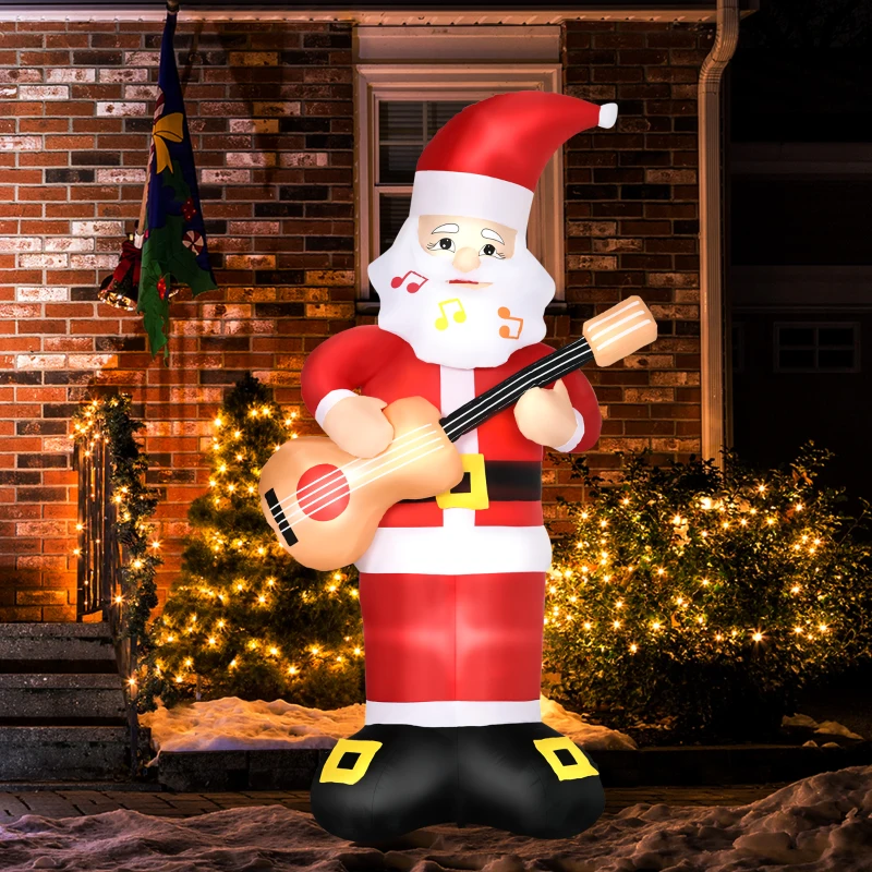 Outsunny 6ft Christmas Inflatables Outdoor Decorations Guitar-playing Santa Claus with Musical Notes Beard, Blow-Up LED Yard Christmas Decor for Lawn Garden Party