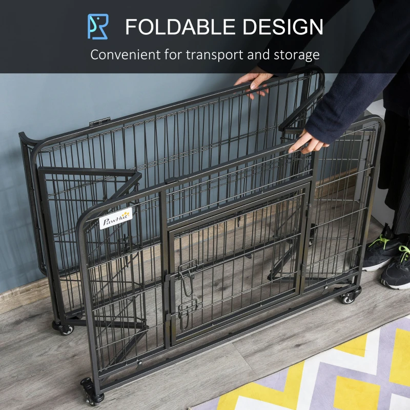 PawHut Folding Design Metal Dog Crate & Heavy Duty Kennel with Removable Tray 4 Locking Wheels 37" x 22.75" x 27.25"