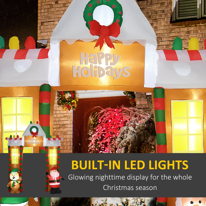 HOMCOM 9' Christmas Inflatables Outdoor Decorations Gingerbread House Archway, "Happy Holidays", Santa & Gingerbread Man, Blow-Up Yard Christmas Decor LED Light Display
