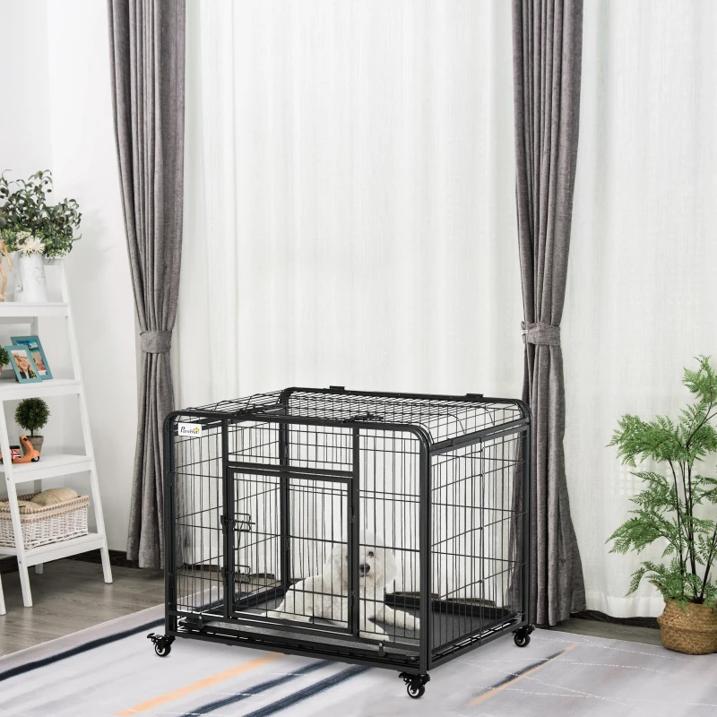 PawHut Folding Design Metal Dog Crate & Heavy Duty Kennel with Removable Tray 4 Locking Wheels 37" x 22.75" x 27.25"