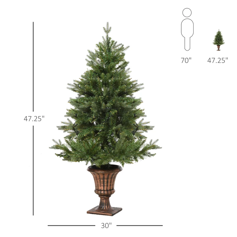 HOMCOM 4FT Artificial Tree Pre-Lit Holiday Home Christmas Decoration with Vase Base