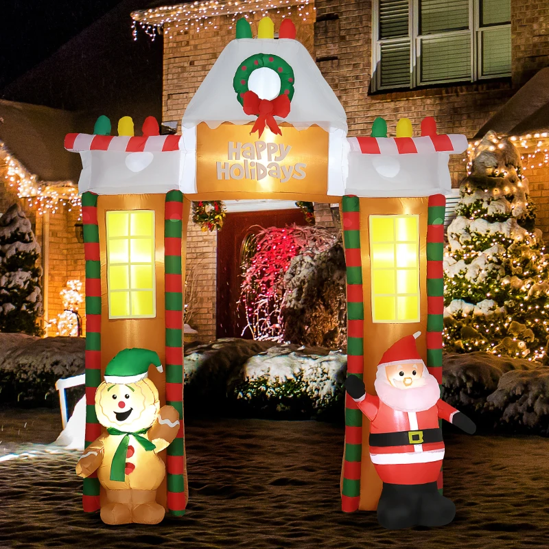 HOMCOM 9' Christmas Inflatables Outdoor Decorations Gingerbread House Archway, "Happy Holidays", Santa & Gingerbread Man, Blow-Up Yard Christmas Decor LED Light Display