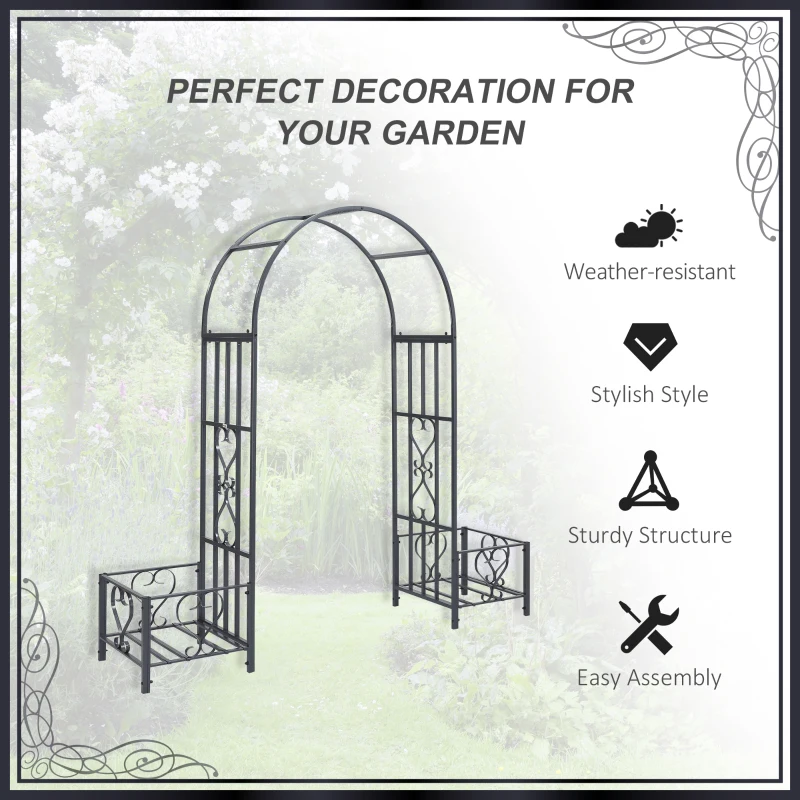 Outsunny 6.8ft Decorative Metal Garden Arch with 2 Planter Boxes Outdoor Walkway Arbor for Climbing Vine Plants Patio Backyard Lawn Party Ceremony