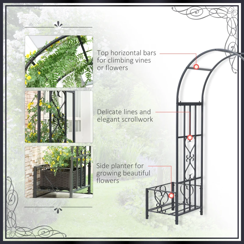 Outsunny 6.8ft Decorative Metal Garden Arch with 2 Planter Boxes Outdoor Walkway Arbor for Climbing Vine Plants Patio Backyard Lawn Party Ceremony