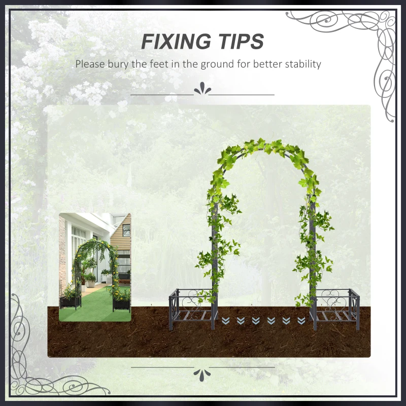 Outsunny 6.8ft Decorative Metal Garden Arch with 2 Planter Boxes Outdoor Walkway Arbor for Climbing Vine Plants Patio Backyard Lawn Party Ceremony