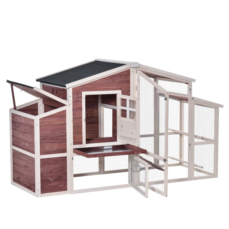 PawHut 79'' Chicken Coop Wooden Hen House Rabbit Hutch Poultry Cage Pen Outdoor Backyard with Nesting and Running Box, Ladder, Removable Tray, Multiple Doors (Red & White)