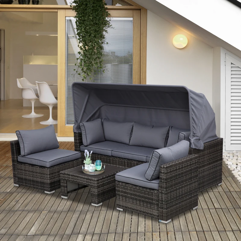 Outsunny 4-Piece Outdoor Rattan Wicker Sofa Set Patio Furniture Sets with Retractable Sun Canopy, Deep Soft Cushions & Classic Design, Grey