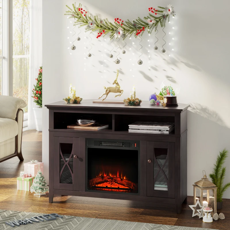 HOMCOM Electric Fireplace TV Stand for 50", Media Console Center Cabinet with 2 Shelves and 2 Cabinets with Adjustable Shelves for Corner, Dark Brown
