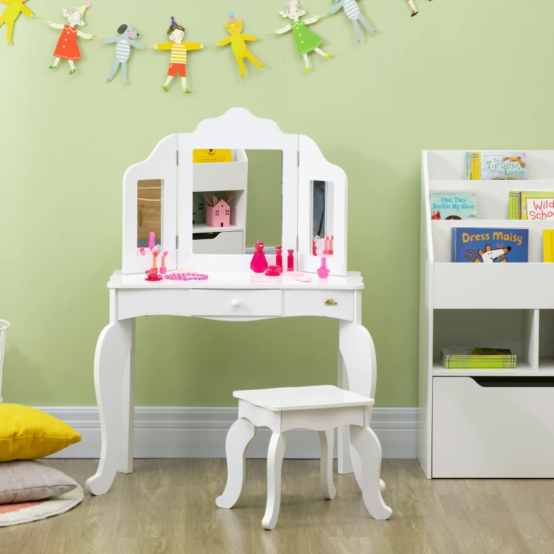 Qaba Kids Vanity Table & Chair Set, Wooden Princess Makeup Dressing Table, Pretend Play Vanity Set for Little Girls with Tri-folding Mirrors, Drawer, White