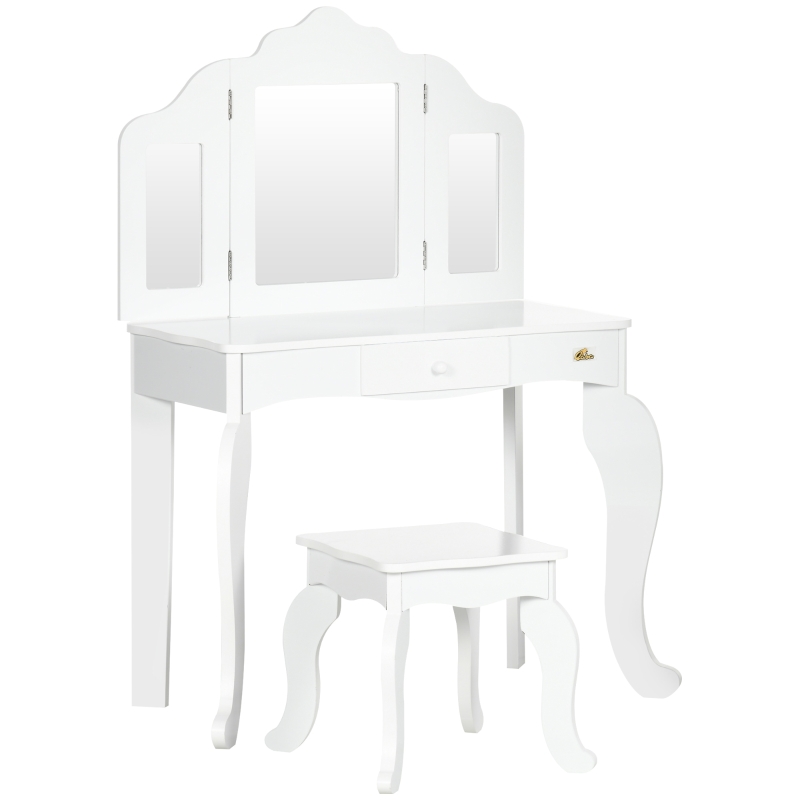 Qaba Kids Vanity Table & Chair Set, Wooden Princess Makeup Dressing Table, Pretend Play Vanity Set for Little Girls with Tri-folding Mirrors, Drawer, White