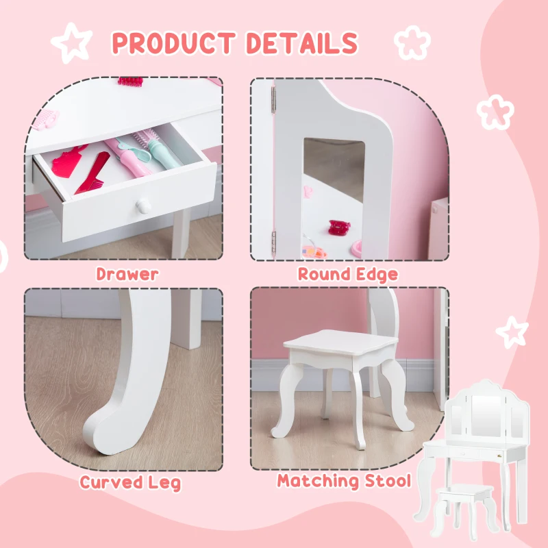 Qaba Kids Vanity Table & Chair Set, Wooden Princess Makeup Dressing Table, Pretend Play Vanity Set for Little Girls with Tri-folding Mirrors, Drawer, White