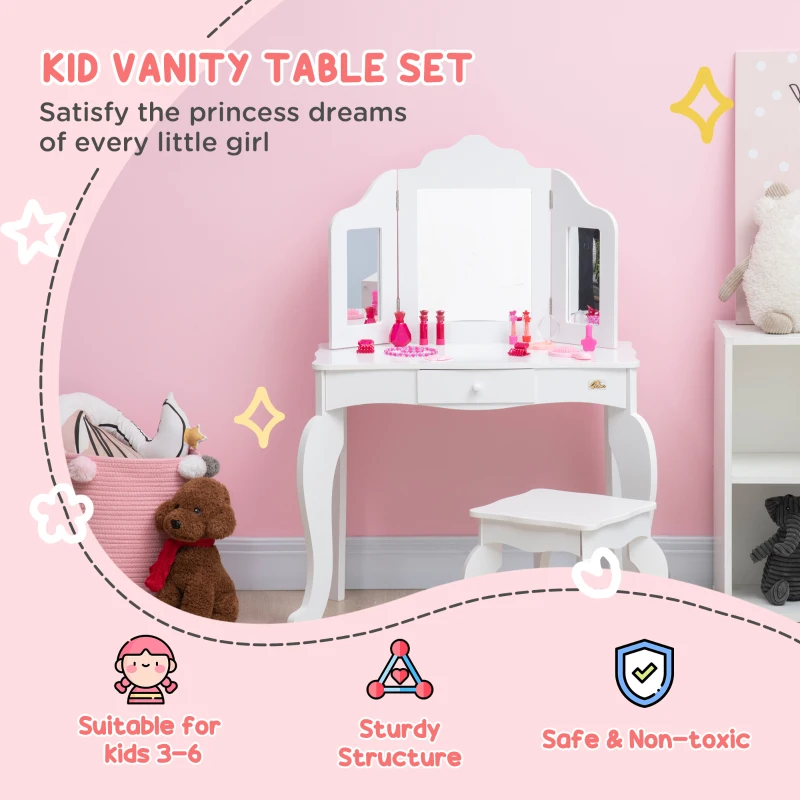 Qaba Kids Vanity Table & Chair Set, Wooden Princess Makeup Dressing Table, Pretend Play Vanity Set for Little Girls with Tri-folding Mirrors, Drawer, White