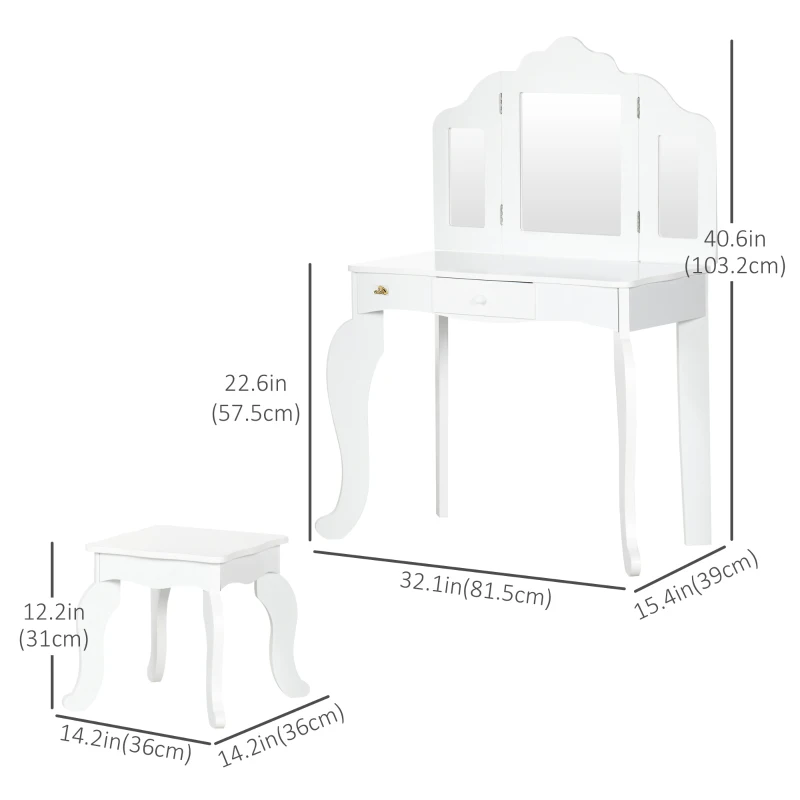 Qaba Kids Vanity Table & Chair Set, Wooden Princess Makeup Dressing Table, Pretend Play Vanity Set for Little Girls with Tri-folding Mirrors, Drawer, White