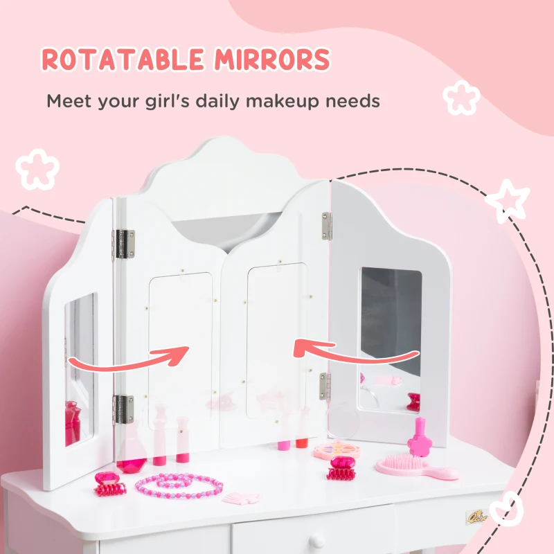 Qaba Kids Vanity Table & Chair Set, Wooden Princess Makeup Dressing Table, Pretend Play Vanity Set for Little Girls with Tri-folding Mirrors, Drawer, White