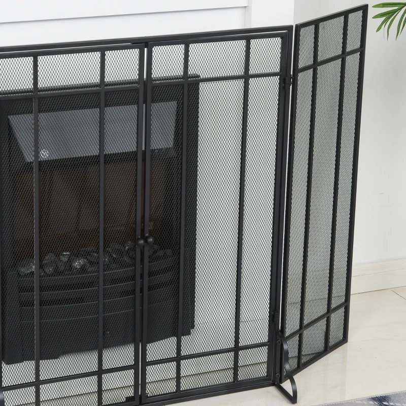 HOMCOM 3-Panel 49.25" W x 31.5" H Metal Mesh Screen Fireplace with Foldable Steel Spark Guard and Magnetic Doors, Black