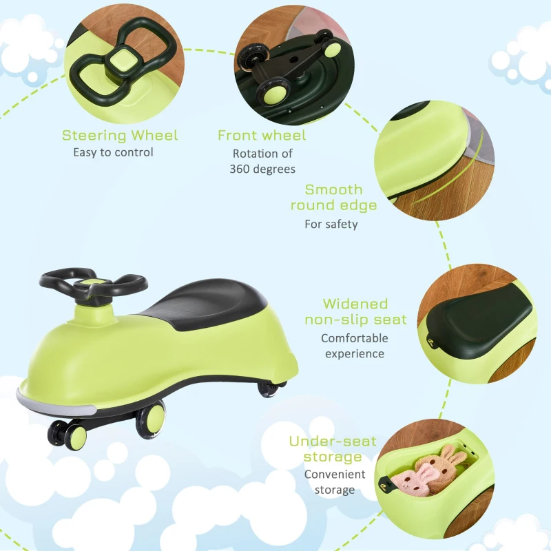 Qaba Kids Wiggle Car Ride on Toy with LED Flashing Wheels, Swing Car for Toddlers, No Batteries, Gears or Pedals - Twist, Turn, Wiggle Movement to Steer, Dolphin Shaped Green