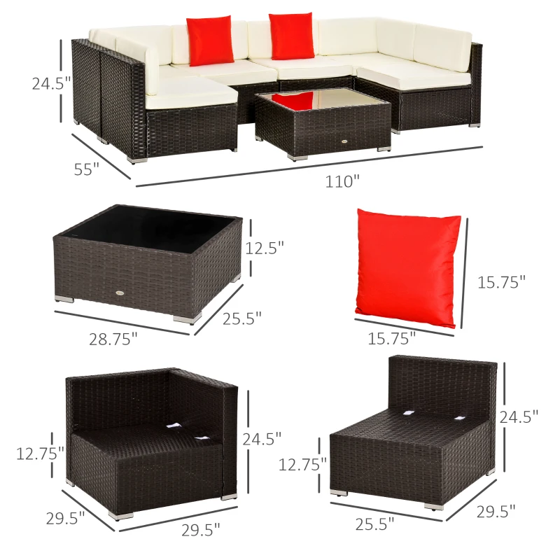 Outsunny 7-Piece Outdoor PE Wicker Patio Sofa Sets, Modern Rattan Conversation Furniture Set with Cushions & Table, Cream