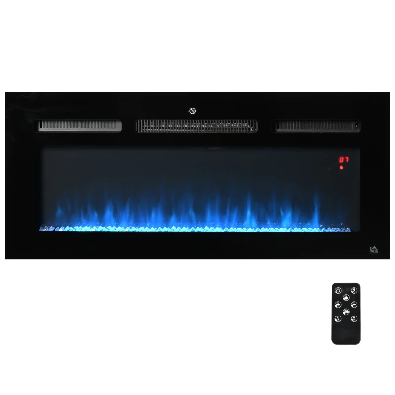 HOMCOM 40" 1500W Recessed and Wall Mounted Electric Fireplace Inserts with Remote, Adjustable Flame Color and Brightness, Cryolite-Effect Rocks, Black