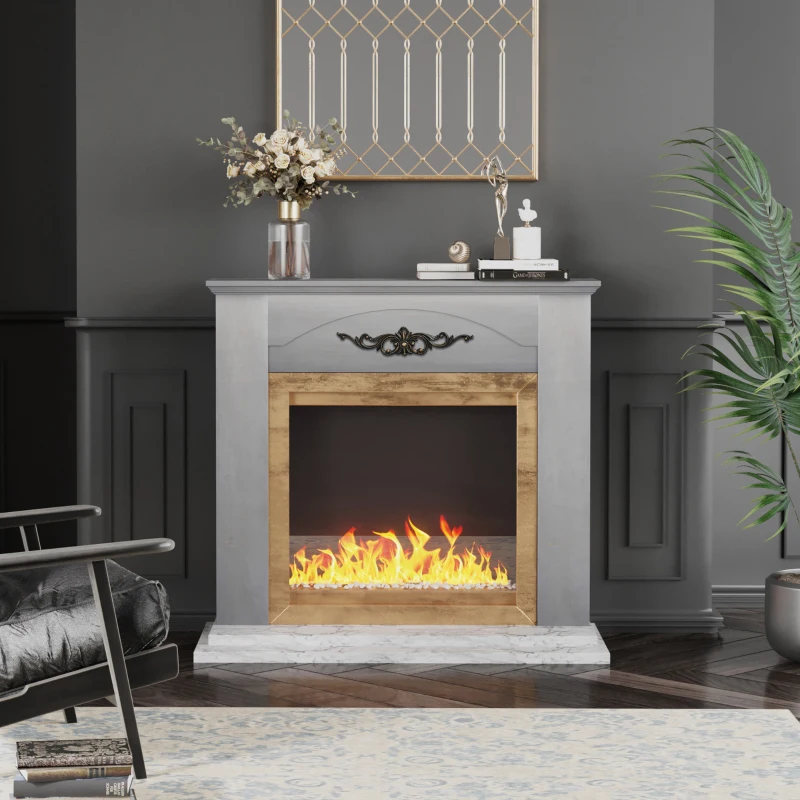 HOMCOM Vintage Fireplace Mantel Surround, Wood Mantels for Fireplace with Decorative Pattern, Interior Width 31", Grey