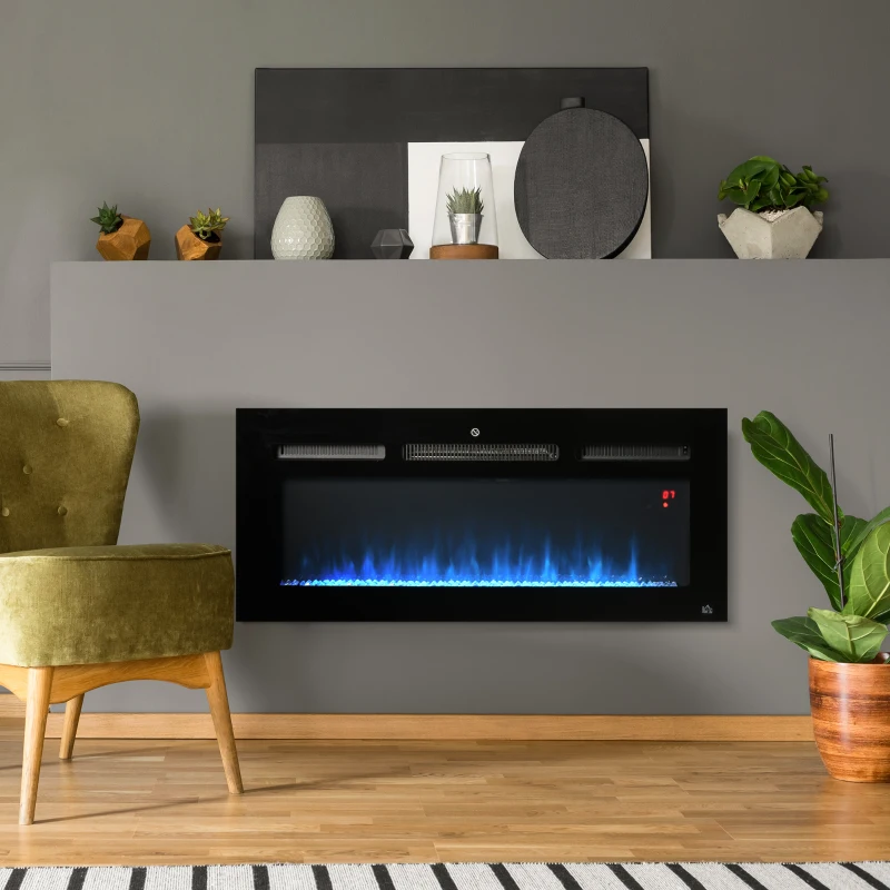 HOMCOM 40" 1500W Recessed and Wall Mounted Electric Fireplace Inserts with Remote, Adjustable Flame Color and Brightness, Cryolite-Effect Rocks, Black