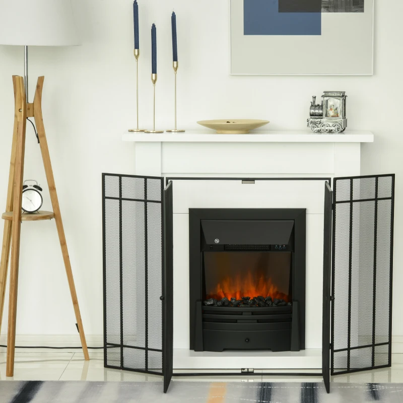 HOMCOM 3-Panel 49.25" W x 31.5" H Metal Mesh Screen Fireplace with Foldable Steel Spark Guard and Magnetic Doors, Black
