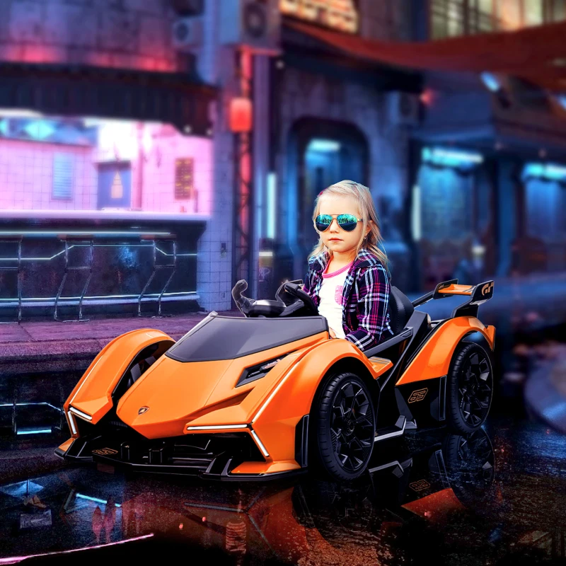 Aosom 12V Electric Ride-on Car, Licensed Lamborghini V12 Vision Gran Turismo Battery-Powered Ride-on Toy with Remote Control, Bluetooth, Music, LED Lights, for 3-6 Year Old Boys and Girls, Orange