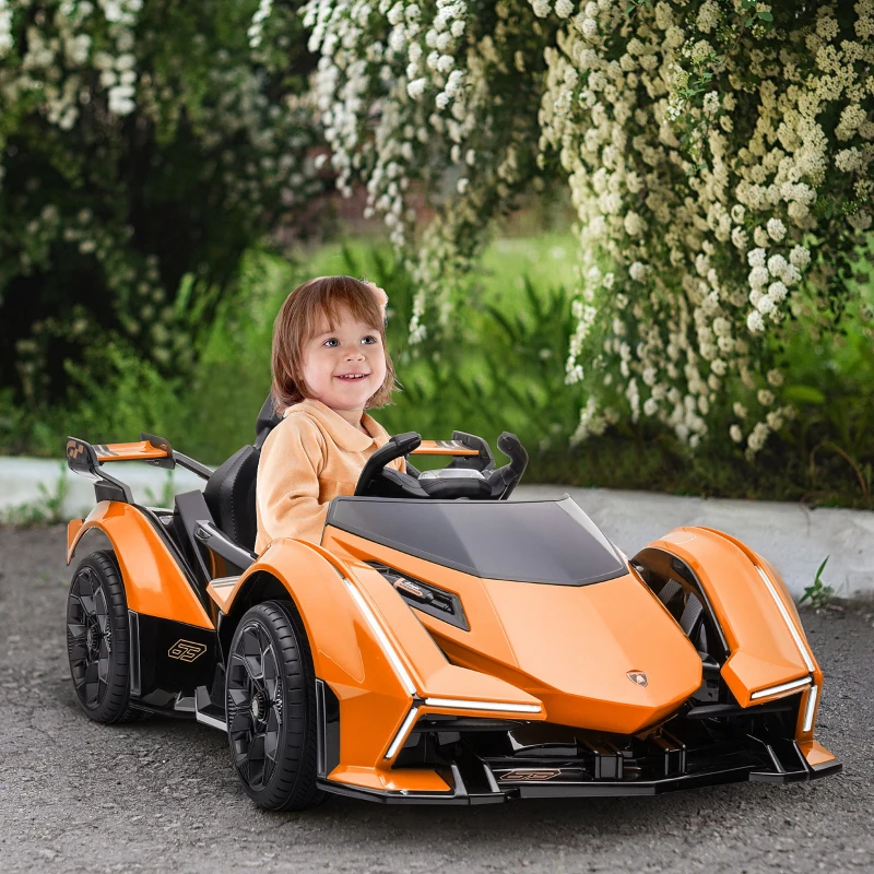 Aosom 12V Electric Ride-on Car, Licensed Lamborghini V12 Vision Gran Turismo Battery-Powered Ride-on Toy with Remote Control, Bluetooth, Music, LED Lights, for 3-6 Year Old Boys and Girls, Orange