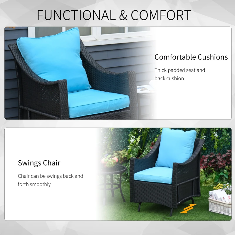 Outsunny 3Pcs Rattan Glider Chairs Set Patio Conversation Furniture w/ Tempered Glass Table and Cushion, Blue