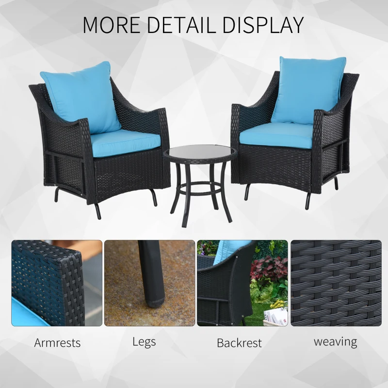 Outsunny 3Pcs Rattan Glider Chairs Set Patio Conversation Furniture w/ Tempered Glass Table and Cushion, Blue