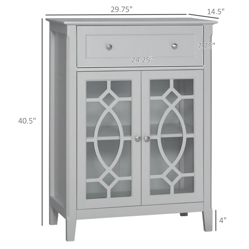 HOMCOM Sideboard Buffet Cabinet, Kitchen Storage Cabinet, Accent Cabinet with Drawer, Double Glass Doors and Adjustable Shelves for Living Room, Entryway, Light Grey