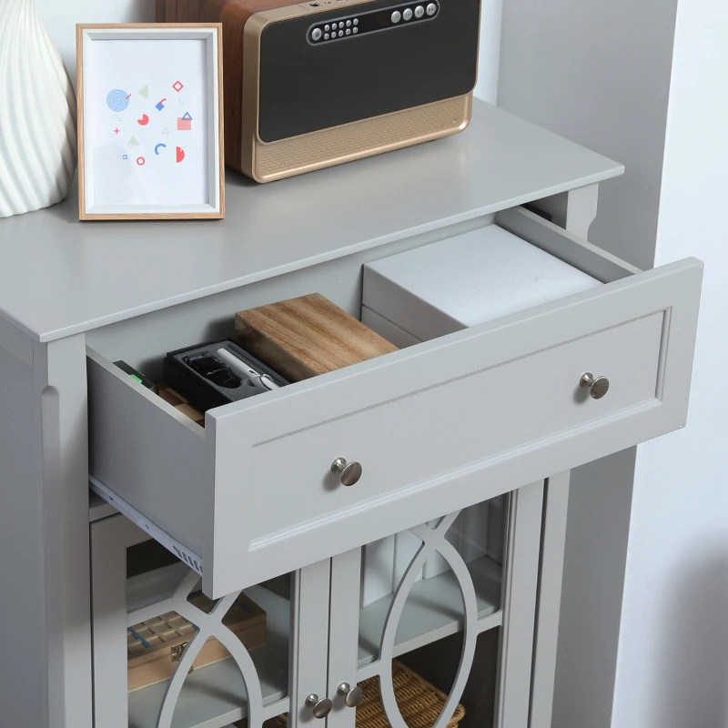 HOMCOM Sideboard Buffet Cabinet, Kitchen Storage Cabinet, Accent Cabinet with Drawer, Double Glass Doors and Adjustable Shelves for Living Room, Entryway, Light Grey