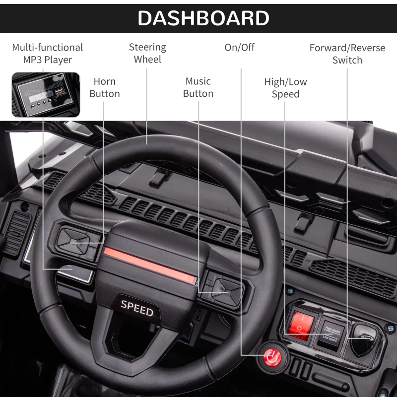 Aosom 12V Kids Ride on Car with Remote Control, Battery-Operated Ride on Toy with Spring Suspension, Led Lights, Music, Horn, 3 Speeds, USB, MP3, Black