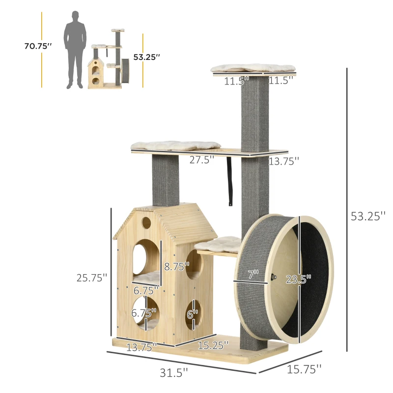 PawHut 53" Modern Cat Tree with Scratching Posts & Wheel, Small Cat Tree with Double-Layer Cushioned House, Small Cat Tower for Indoor Cat Furniture, Climbing Wooden Cat Tree