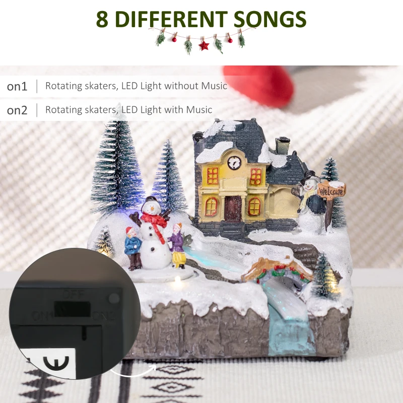 HOMCOM Animated Christmas Village Scene, Pre-Lit Musical Holiday Decoration with LED Lights, Fiber Optic, Rotating Skating Pond and Snowman